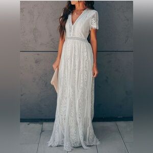 Women's V Neck Long Maxi Boho Lace Elegant Short Sleeve Dress Casual Evening XL